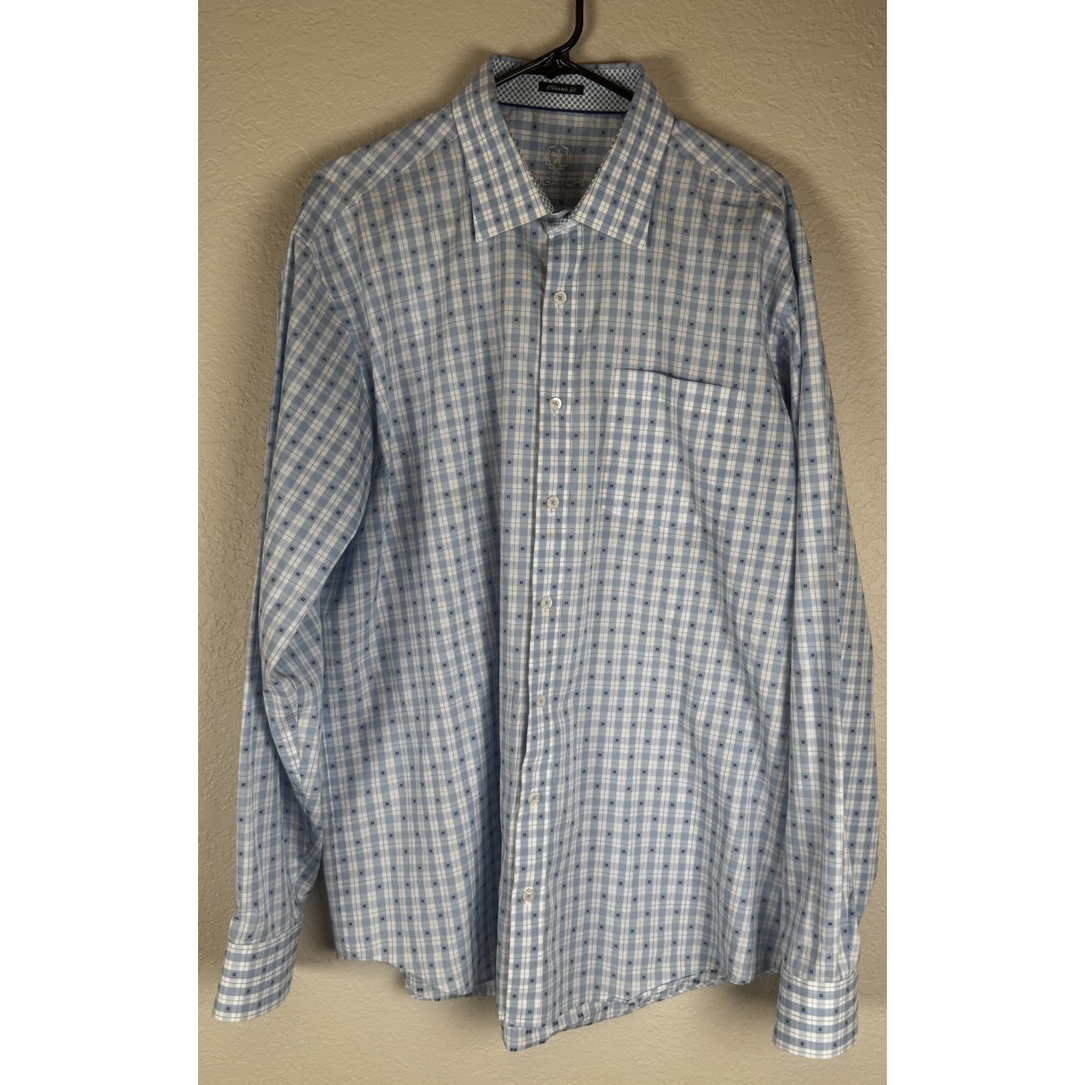 Bugatchi Uomo V8700bl27 Men Large Blue White Plaid Cotton Dress Shirt L
